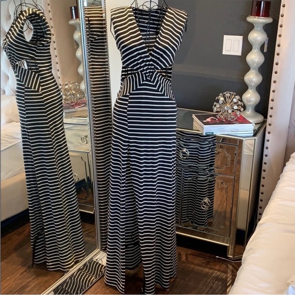 Foreign Exchange Dresses & Skirts - Black and White Striped cut out Maxi Dress with side slit